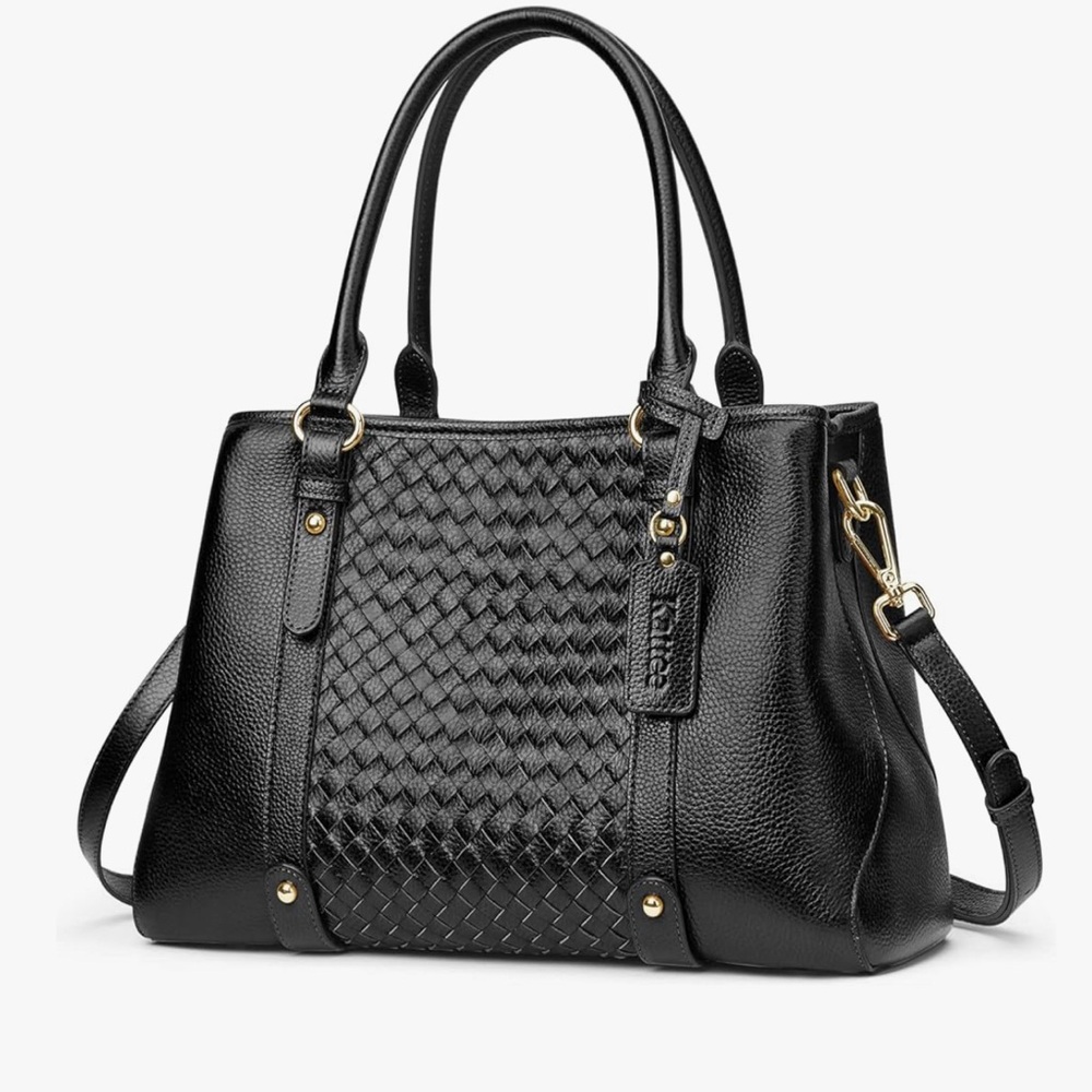 Black Woven Leather Satchel with Crossbody Strap